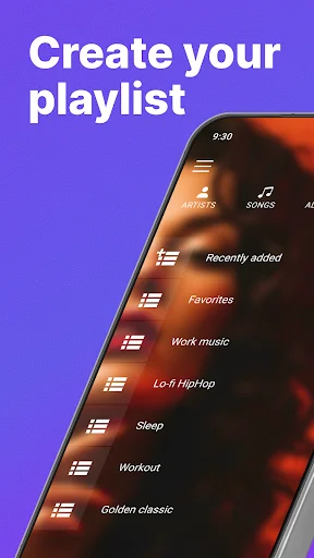 Audio & Music Player MP3 app playlist creation screen showing customizable playlist options like Favorites, Work music, Sleep