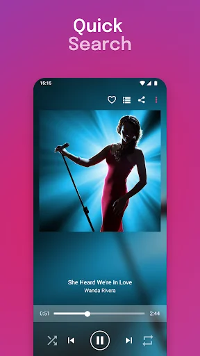 Quick search functionality in Audio & Music Player MP3 showing She Heard We're In Love track with media controls