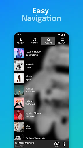 Easy navigation interface of Audio & Music Player MP3 displaying organized song library with album artwork thumbnails