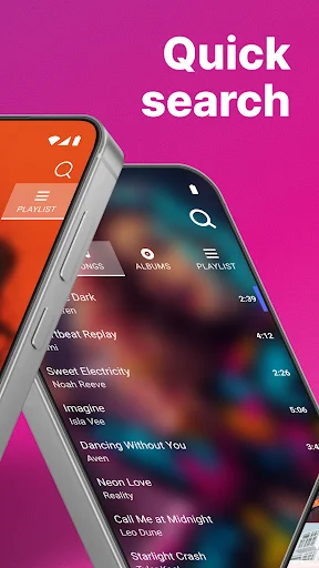 Quick search feature in Audio & Music Player MP3 displaying song results with artist names and playback controls