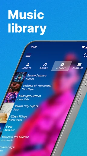 Music library interface of Audio & Music Player MP3 showing song collection with album artwork and navigation tabs