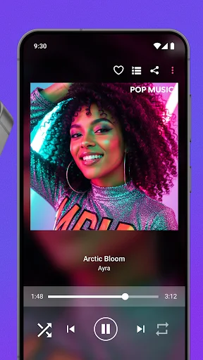 Now playing screen in Audio & Music Player MP3 featuring Arctic Bloom by Ayra with playback controls and progress bar