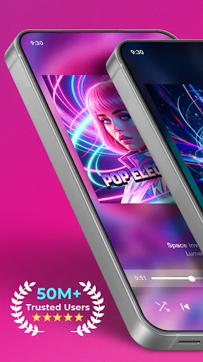 Audio & Music Player MP3 dual-screen view showcasing pop music playback with 50M+ trusted users rating badge
