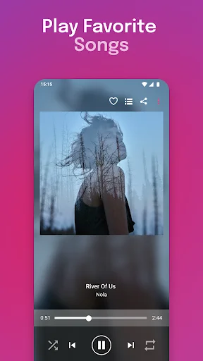 Play favorite songs screen in Audio & Music Player MP3 showing River Of Us by Nole with pause button and timeline