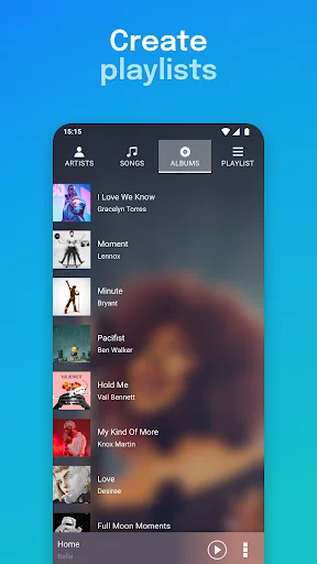 Create playlists feature in Audio & Music Player MP3 displaying song list with album covers and artist information