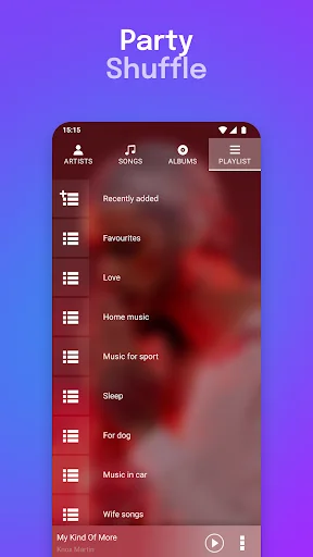 Party shuffle playlist mode in Audio & Music Player MP3 with organized music categories like Love, Home music, Sleep