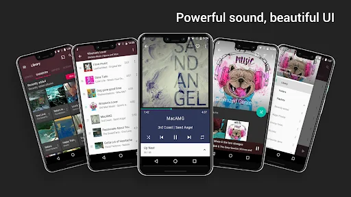 Five smartphones showcasing Fuel Music Player features with text 'Powerful sound, beautiful UI' highlighting app