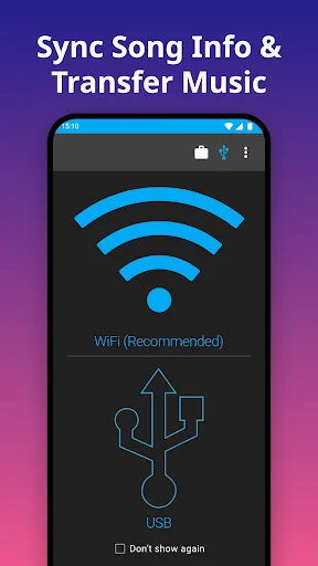 iSyncr connection screen showing WiFi and USB sync options for transferring iTunes music to Android device