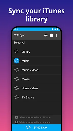 iSyncr library selection screen displaying iTunes content categories: Music, Movies, TV Shows, Music Videos, Home Videos