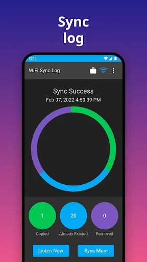 iSyncr sync log displaying successful transfer with circular progress indicator and sync statistics on Android device