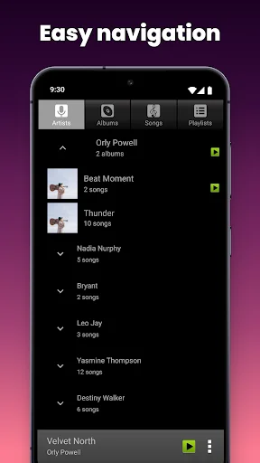 Artist navigation screen showing expandable artist list with song counts for easy music browsing and organization