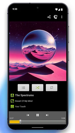 Music Player interface with cosmic album art, playback controls, and track information for immersive listening experience