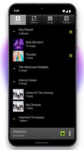 Songs library view displaying organized music collection with artist folders and track listings for quick music access