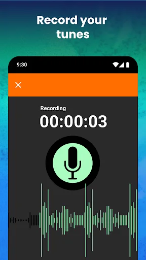 Audio recording interface with green microphone icon, timer at 00:00:03, and live waveform visualization