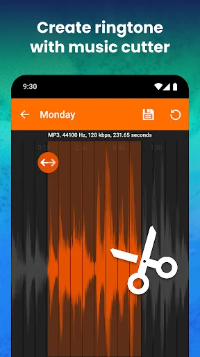 Music cutter tool with orange waveform display and scissors icon for creating custom ringtones from MP3 files