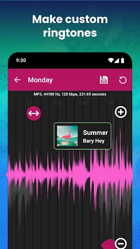 Ringtone editor showing pink waveform for Summer track with custom ringtone creation and audio trimming features