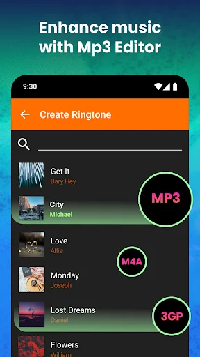 Create Ringtone screen displaying music library with songs and audio format tags for MP3 editing and conversion