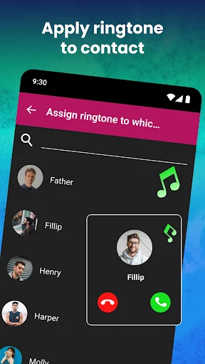 Assign ringtone interface showing contact list with Father, Fillip, Henry contacts for custom ringtone assignment
