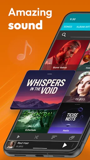 Rocket Music Player Android app showing amazing sound quality with album covers and music notes on orange background