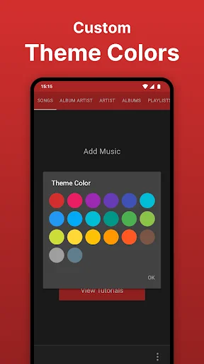 Custom theme color picker in Rocket Music Player with colorful palette selection for personalized app appearance