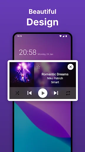 Beautiful lock screen music widget design showing Romantic Dreams song with elegant purple gradient background