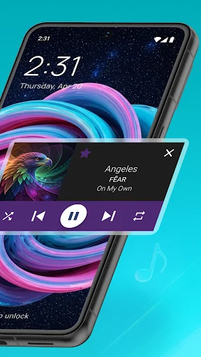 Lock screen music player widget showing song Angeles by FEAR with pause controls on smartphone display