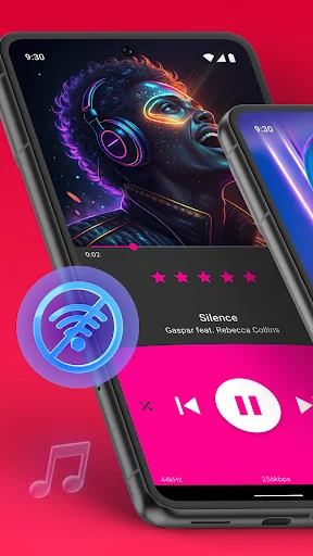Now playing screen in Rocket Music Player with 5-star rating, song Silence playing with modern audio controls