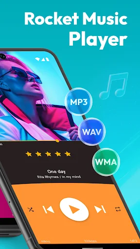 Rocket Music Player app interface highlighting MP3, WAV, WMA audio format support with colorful design elements