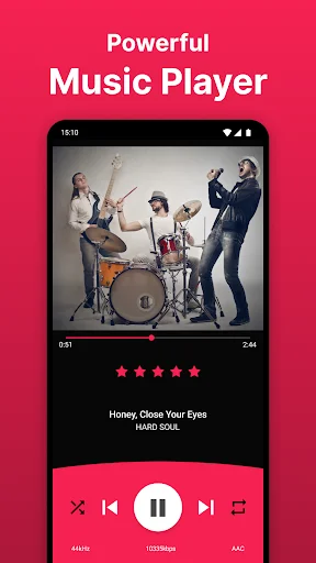 Full-screen music player showing band performance with audio controls and song Honey Close Your Eyes playing