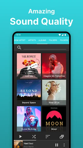 Music album grid view displaying amazing sound quality with various album covers in Rocket Music Player interface