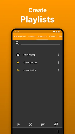 Playlist creation menu in Rocket Music Player showing Create Live List and Create Playlist options on orange theme
