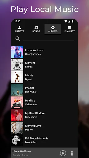 Simple Music Player library screen with ARTISTS, SONGS, ALBUMS, and PLAYLIST navigation tabs, showing song list with album thumbnails and track information