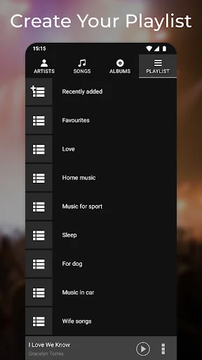 Create Your Playlist screen displaying curated playlist categories including Recently added, Favourites, Love, Home music, Music for sport, Sleep, For dog, Music in car, and Wife songs