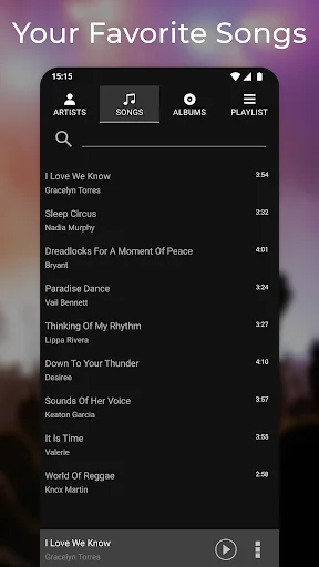 Your Favorite Songs list showing favorite music tracks with song titles, artist names, and duration times like I Love We Know (3:54) and Sleep Circus (3:32)